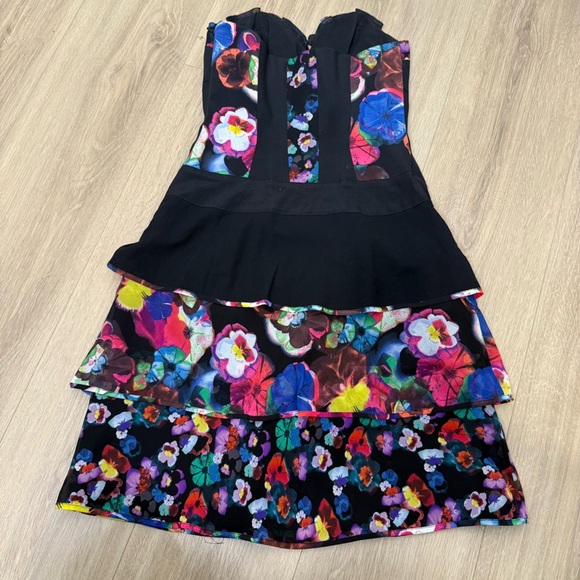 KAREN MILLEN BLACK FLORAL SILK CORSET DRESS SIZE 4 - Picture 9 of 13